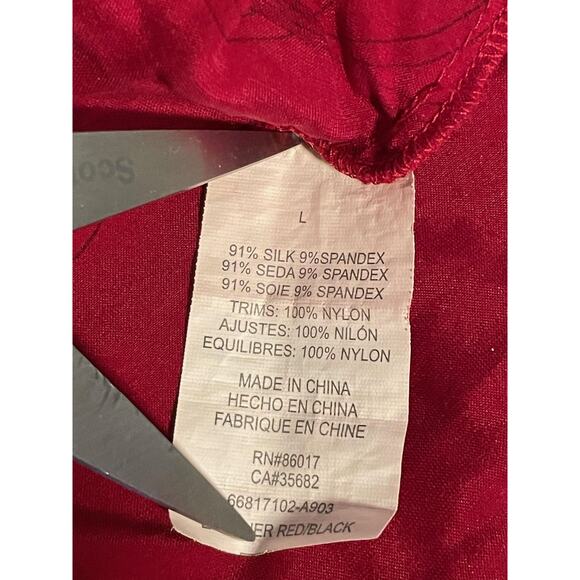 Bebe Womens Large Red Black Silk Lace Wrap Top Floral Print Bow Romantic Y2K - Picture 4 of 8